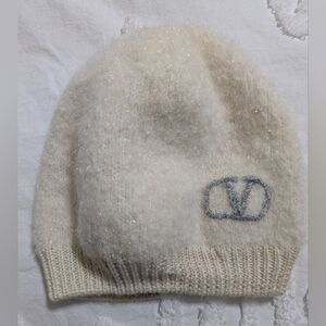 Valentino Ivory Knit Beanie with Metallic Logo